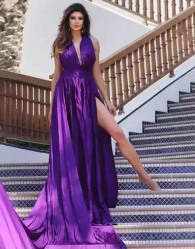 G906, Dark Purple Satin Slit Cut Long Trail Shoot Gown, Size (All