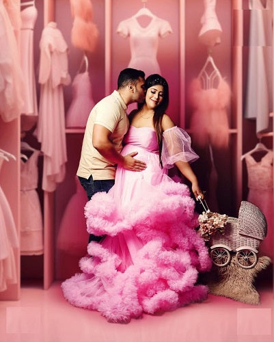 cloud with love pink dress Pink Off-Shoulder Tulle Ball Gown Maternity Dress