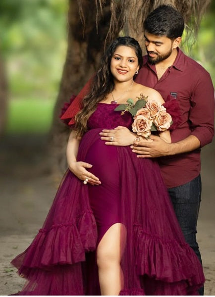 G3016 Dark Magenta Frills Maternity Shoot Trail Gown Size All pp Style Icon www.dressrent.in