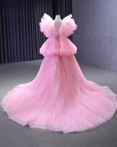 G788, Light Pink High Low Tiered Ruffled Long Trail Gown Size(ALL