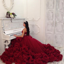 Load image into Gallery viewer, G148, Wine Off-Shoulder Cloud Trail Ball Gown, Free Size,pp