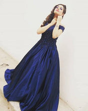 Load image into Gallery viewer, G132 (4), Navy Blue Satin Off Shoulder Trail Ball gown, Size (XS-30 to XL-40)