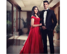 Load image into Gallery viewer, G130 (10) Wine Red Satin Off Shoulder trail Ball gown, Size (XS-30 to XL-40)