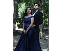 Load image into Gallery viewer, G132 (4), Navy Blue Satin Off Shoulder Trail Ball gown, Size (XS-30 to XL-40)