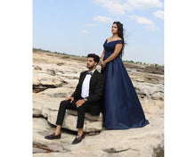 Load image into Gallery viewer, G132 (4), Navy Blue Satin Off Shoulder Trail Ball gown, Size (XS-30 to XL-40)