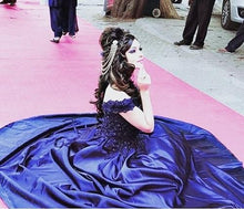 Load image into Gallery viewer, G132 (4), Navy Blue Satin Off Shoulder Trail Ball gown, Size (XS-30 to XL-40)