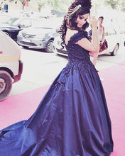Load image into Gallery viewer, G132 (4), Navy Blue Satin Off Shoulder Trail Ball gown, Size (XS-30 to XL-40)