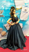 Load image into Gallery viewer, G132 (4), Navy Blue Satin Off Shoulder Trail Ball gown, Size (XS-30 to XL-40)