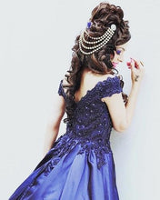 Load image into Gallery viewer, G132 (4), Navy Blue Satin Off Shoulder Trail Ball gown, Size (XS-30 to XL-40)