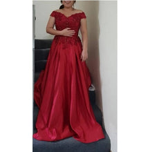 Load image into Gallery viewer, G130 (10), Wine Red Satin Off Shoulder Trail Ball gown, Size (XS-30 to XL-40)