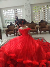 Load image into Gallery viewer, G123, Luxury Wine Puffy Cloud Trail Big Ball Gown, Size (XS-30 to L-38)