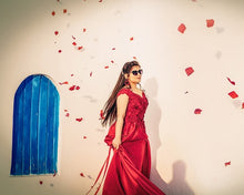 Load image into Gallery viewer, G130 (10) Wine Red Satin Off Shoulder trail Ball gown, Size (XS-30 to XL-40)
