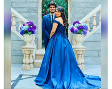 Load image into Gallery viewer, G132 (4), Navy Blue Satin Off Shoulder Trail Ball gown, Size (XS-30 to XL-40)