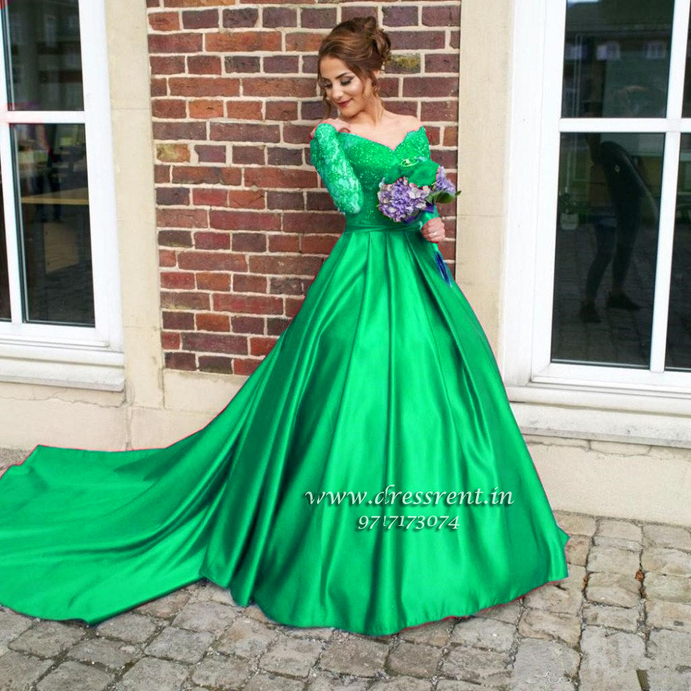 G122, Green colour Satin Off Shoulder Full Sleeves Trail Ball gown