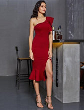 Load image into Gallery viewer, G102, Red Slit Fishtail One Shoulder Dress, Size (XS-30 to L-38)