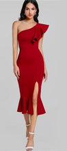 Load image into Gallery viewer, G102, Red Slit Fishtail One Shoulder Dress, Size (XS-30 to L-38)