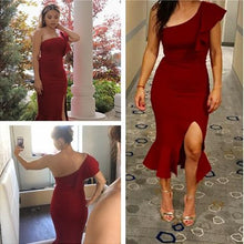 Load image into Gallery viewer, G102, Red Slit Fishtail One Shoulder Dress, Size (XS-30 to L-38)