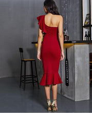 Load image into Gallery viewer, G102, Red Slit Fishtail One Shoulder Dress, Size (XS-30 to L-38)