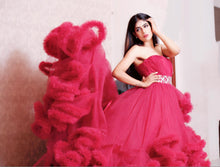Load image into Gallery viewer, G148, Wine Off-Shoulder Cloud Trail Ball Gown, Free Size, pp
