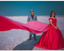 Load image into Gallery viewer, G130 (10) Wine Red Satin Off Shoulder trail Ball gown, Size (XS-30 to XL-40)