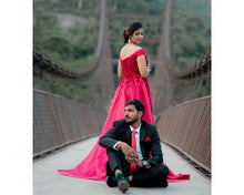 Load image into Gallery viewer, G130 (10) Wine Red Satin Off Shoulder trail Ball gown, Size (XS-30 to XL-40)