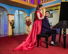 Load image into Gallery viewer, G130 (10) Wine Red Satin Off Shoulder trail Ball gown, Size (XS-30 to XL-40)