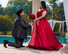Load image into Gallery viewer, G130 (10) Wine Red Satin Off Shoulder trail Ball gown, Size (XS-30 to XL-40)