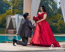 Load image into Gallery viewer, G130 (10) Wine Red Satin Off Shoulder trail Ball gown, Size (XS-30 to XL-40)