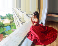 Load image into Gallery viewer, G130 (10) Wine Red Satin Off Shoulder trail Ball gown, Size (XS-30 to XL-40)