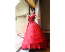 Load image into Gallery viewer, G130 (10) Wine Red Satin Off Shoulder trail Ball gown, Size (XS-30 to XL-40)