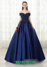 Load image into Gallery viewer, G132 (4), Navy Blue Satin Off Shoulder Trail Ball gown, Size (XS-30 to XL-40)