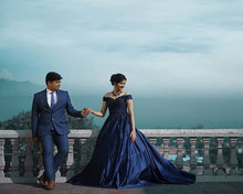 Load image into Gallery viewer, G132 (4), Navy Blue Satin Off Shoulder Trail Ball gown, Size (XS-30 to XL-40)