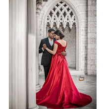 Load image into Gallery viewer, G130 (10), Wine Red Satin Off Shoulder Trail Ball gown, Size (XS-30 to XL-40)