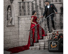 Load image into Gallery viewer, G130 (10), Wine Red Satin Off Shoulder Trail Ball gown, Size (XS-30 to XL-40)