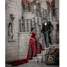 Load image into Gallery viewer, G130 (10), Wine Red Satin Off Shoulder Trail Ball gown, Size (XS-30 to XL-40)