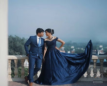 Load image into Gallery viewer, G132 (4), Navy Blue Satin Off Shoulder Trail Ball gown, Size (XS-30 to XL-40)