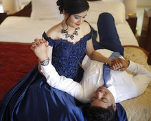 Load image into Gallery viewer, G132 (4), Navy Blue Satin Off Shoulder Trail Ball gown, Size (XS-30 to XL-40)