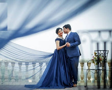 Load image into Gallery viewer, G132 (4), Navy Blue Satin Off Shoulder Trail Ball gown, Size (XS-30 to XL-40)