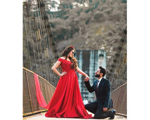 Load image into Gallery viewer, G130 (10), Wine Red Satin Off Shoulder Trail Ball gown, Size (XS-30 to XL-40)