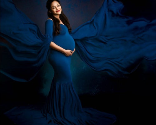 navy blue maternity photoshoot dress navy blue dress for baby girl Momyknows Bow Flutter Sleeve Solid V-neck Flowy Beach Cute Photoshoot Baby Shower Maternity Maxi Dress