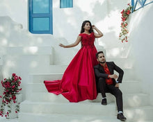 Load image into Gallery viewer, G130 (10), Wine Red Satin Off Shoulder Trail Ball gown, Size (XS-30 to XL-40)