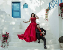 Load image into Gallery viewer, G130 (10) Wine Red Satin Off Shoulder trail Ball gown, Size (XS-30 to XL-40)