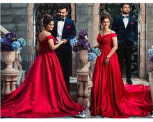 Load image into Gallery viewer, G130 (10) Wine Red Satin Off Shoulder trail Ball gown, Size (XS-30 to XL-40)