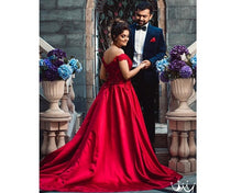 Load image into Gallery viewer, G130 (10) Wine Red Satin Off Shoulder trail Ball gown, Size (XS-30 to XL-40)