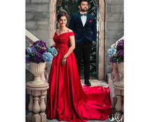 Load image into Gallery viewer, G130 (10) Wine Red Satin Off Shoulder trail Ball gown, Size (XS-30 to XL-40)