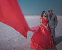 Load image into Gallery viewer, G130 (10) Wine Red Satin Off Shoulder trail Ball gown, Size (XS-30 to XL-40)
