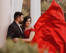 Load image into Gallery viewer, G130 (10) Wine Red Satin Off Shoulder trail Ball gown, Size (XS-30 to XL-40)