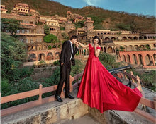 Load image into Gallery viewer, G130 (10) Wine Red Satin Off Shoulder trail Ball gown, Size (XS-30 to XL-40)