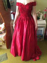Load image into Gallery viewer, G130 (10), Wine Red Satin Off Shoulder Trail Ball gown, Size (XS-30 to XL-40)
