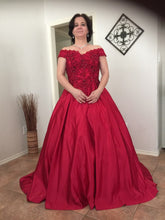 Load image into Gallery viewer, G130 (10) Wine Red Satin Off Shoulder trail Ball gown, Size (XS-30 to XL-40)